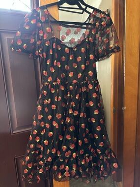 Hot Topic Black Mesh Dress with Red Strawberry Embroidery